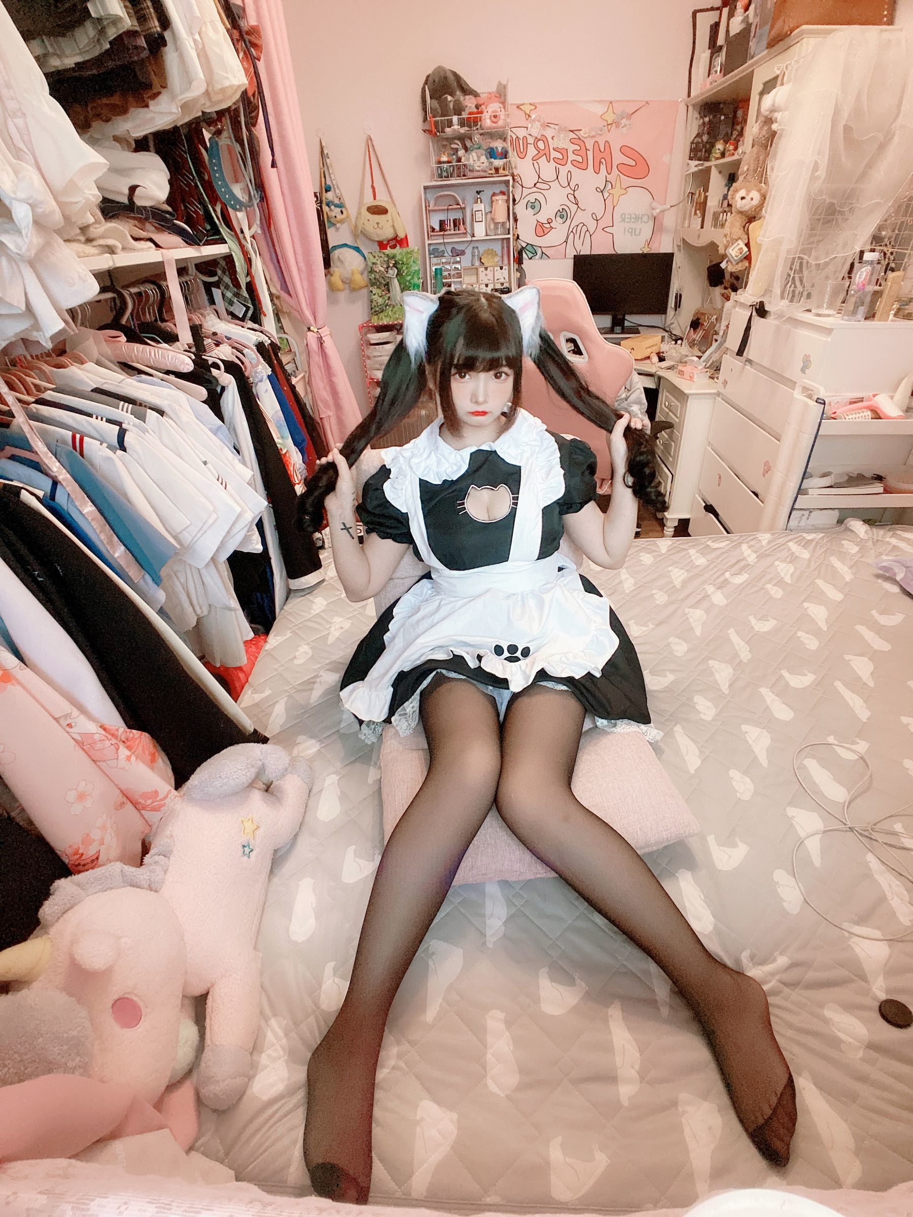 二次元美女古川kagura – 黑丝开胸 猫耳女仆 Cosplay-第5张