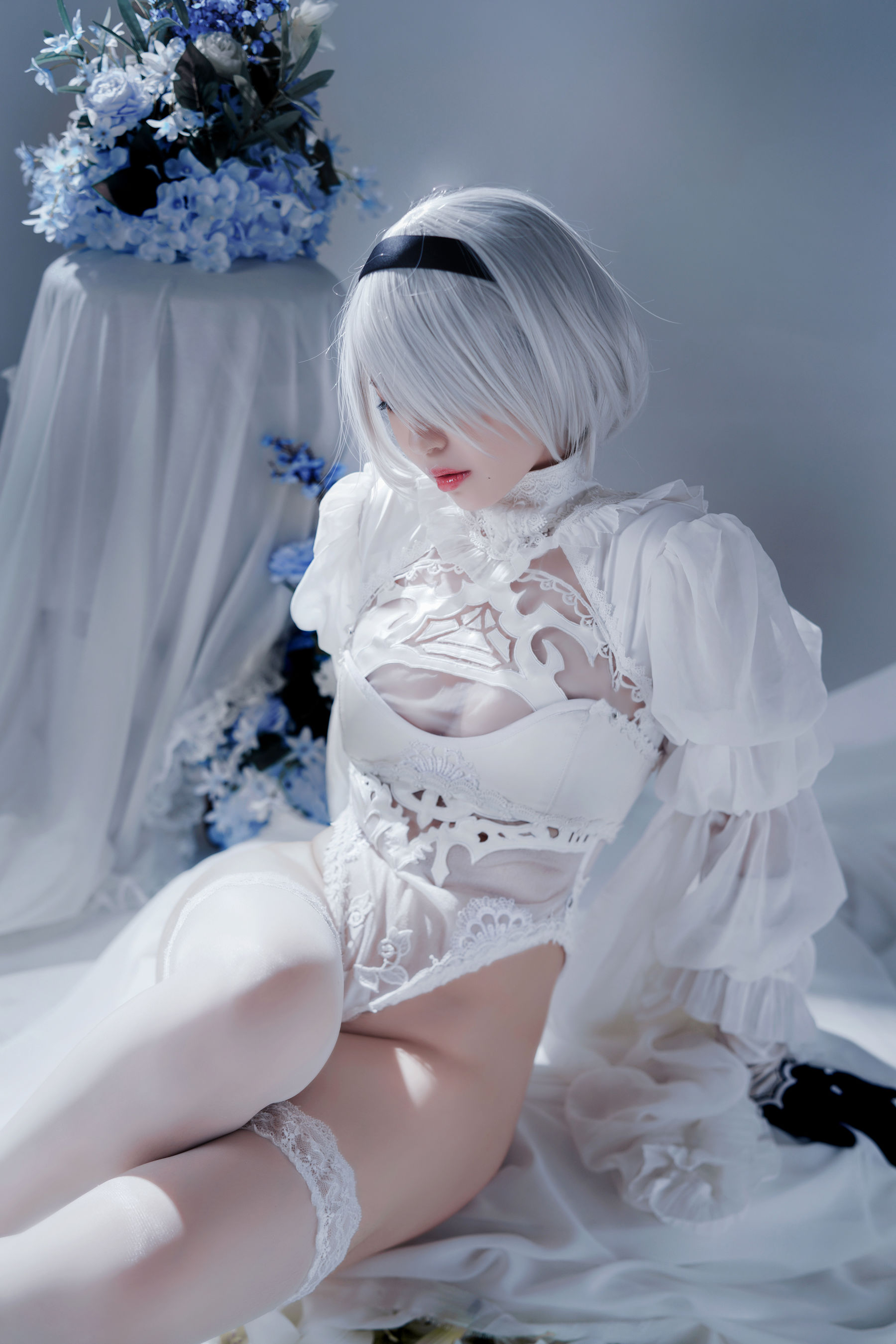 半半子 – Automataヨルハ二号B型 白いドレス Cosplay-第7张